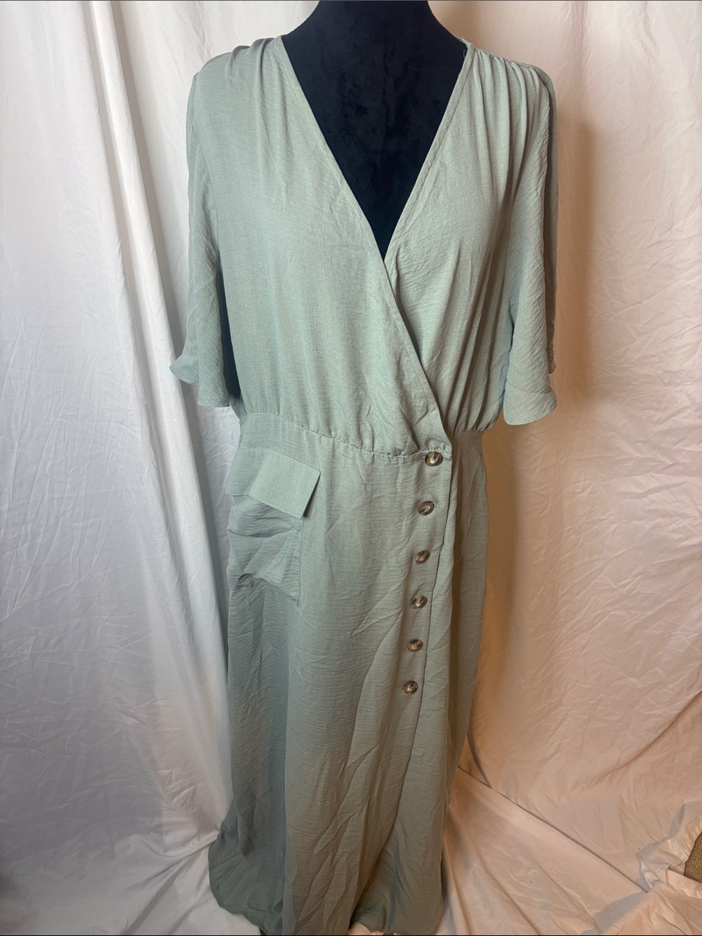 ASOS Sage Green Wrap-Style Maxi Dress with Side Buttons